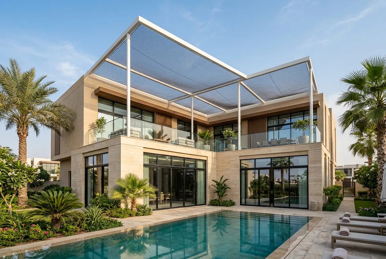 Villa with a protective net canopy over the roof terrace (concept visualization)